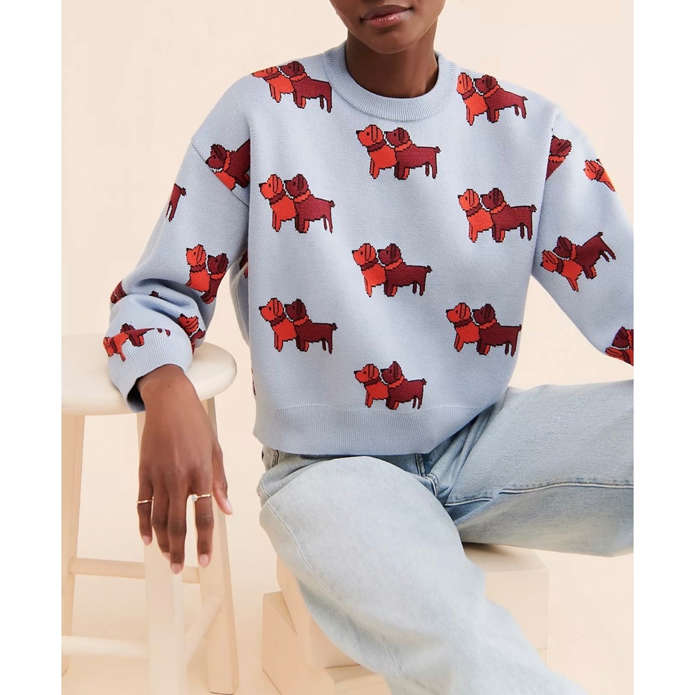 Anthropologie Find Me Now Sweater Toto Pullover Dog Print Blue Large